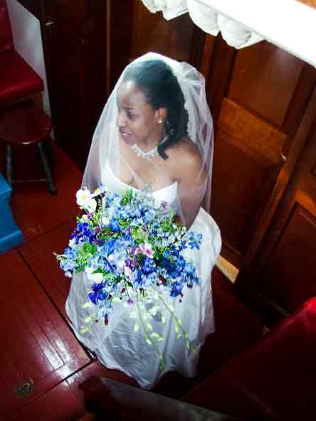 Alda's celestial blue delphinium and trailing orchid Wedding bouquet Bride