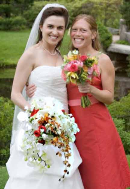 Alda's Summer cascading Bridal bouquet contained moth and coral orchids 