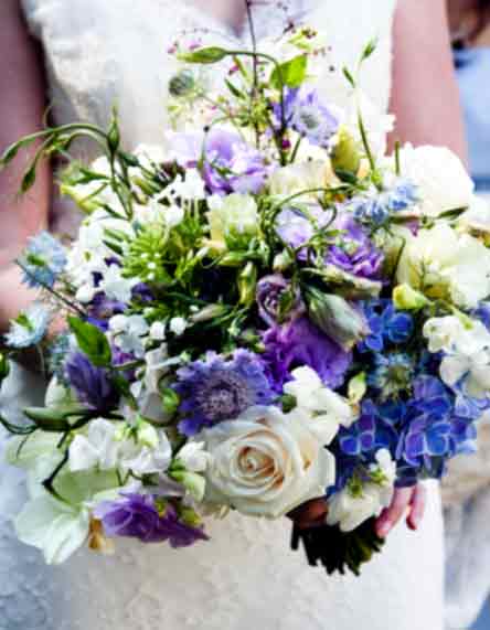  aisle cloth runner and Summer Bridal bouquet blues lavenders whites 